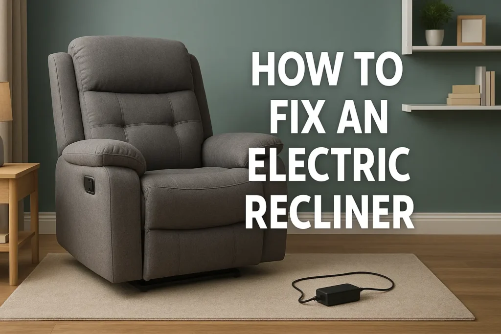 Modern leather power recliner with unplugged remote in a cozy living room